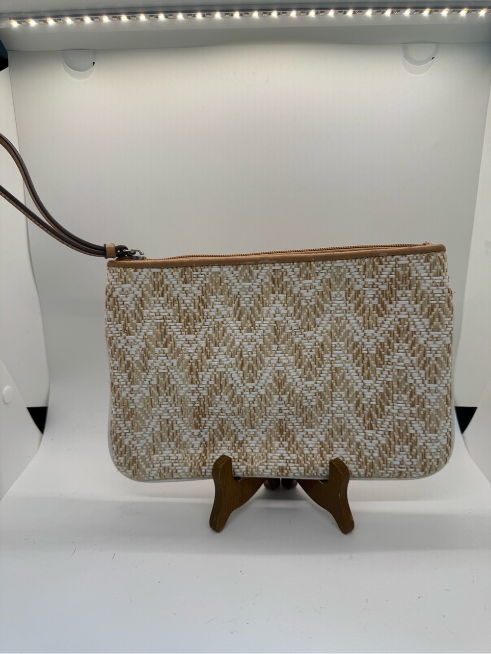 LOFT Beige & White Woven Wristlet Clutch with Leather Strap